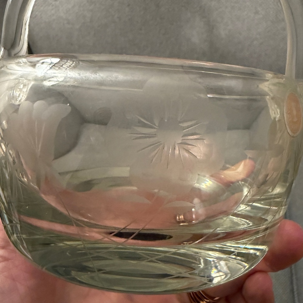 Elegant Romanian Hand Blown Glass Etched Basket with Handle - Picture 2 of 5